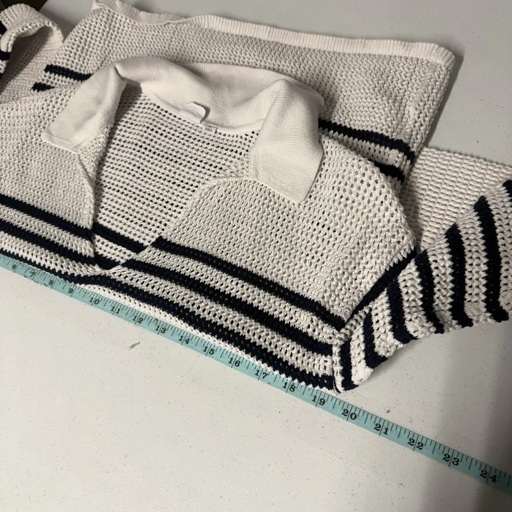 GAP Womens Sweater Relaxed Stripe White and Blue Crochet Collared Nautical M